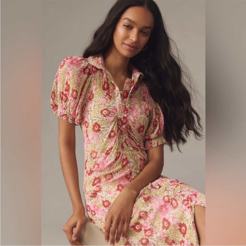 ANTHROPOLOGIE Pink Floral PUFF-SLEEVE RUCHED MESH MIDI SHIRT DRESS - Picture 2 of 11